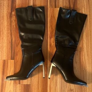 NIB Black Knee-High Stiletto Metal Square Toe Heel Boots